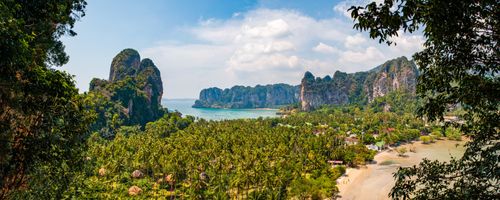 Thailand Travel Photography Panoramic Photo of East Railay Beach and Ao Phra Nang Beach Railay Rai Leh South Thailand Southeast Asia