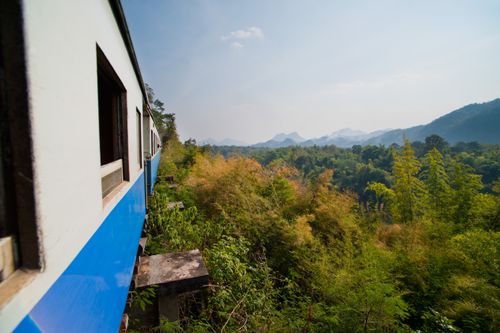 Thailand Travel Photography Train on the Death Railway along the River Kwai Kanchanaburi Thailand Southeast Asia Asia Southeast Asia