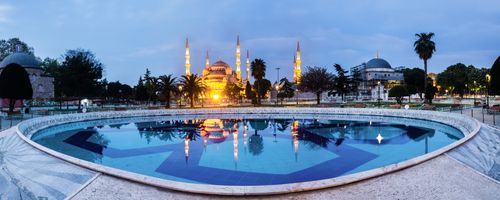 Turkey Architecture Travel Photography Blue Mosque Sultan Ahmed Mosque reflection at night seen from Sultanahmet Park Istanbul Turkey Eastern Europe