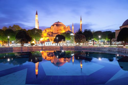 Turkey Architecture Travel Photography Hagia Sophia reflection at night Sultanahmet Square Park Istanbul Turkey Eastern Europe