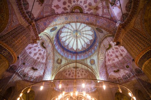 Turkey Architecture Travel Photography Painted ceiling inside Blue Mosque Sultan Ahmed Mosque or Sultan Ahmet Camii Istanbul Turkey Eastern Europe