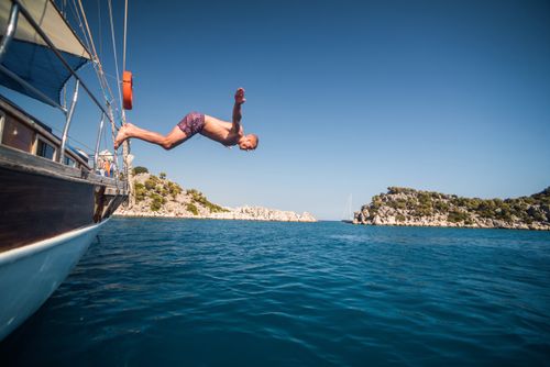 Turkey Travel Photography Diving off a Gulet sailing boat cruise in Gokkaya Bay Antalya Province Lycia Anatolia Mediterranean Turkey Eastern Europe