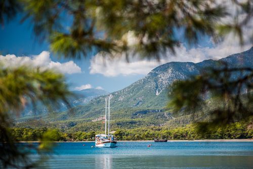 Turkey Travel Photography Gulet sailing ship cruise in a bay at Phaselis near Kemer Antalya Province Mediterranean Coast Turkey Eastern Europe 2