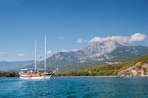 Turkey Travel Photography Gulet sailing ship cruise in a bay at Phaselis near Kemer Antalya Province Mediterranean Coast Turkey Eastern Europe