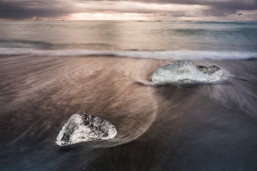 Landscape Photography by Professional Freelance UK Landscape Photographer Icebergs at sunrise on Jokulsarlon Beach a black volcanic sand beach in South East Iceland