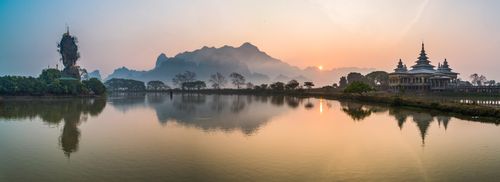 Landscape Photography by Professional Freelance UK Landscape Photographer Kyauk Kalap Buddhist Temple in the middle of a lake at sunrise Hpa An Kayin State Karen State Myanmar Burma
