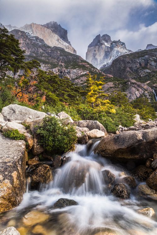 Landscape Photography by Professional Freelance UK Landscape Photographer Los Cuernos and a waterfall in Torres del Paine National Park Parque Nacional Torres del Paine Patagonia Chile South America
