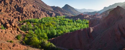 Landscape Photography by Professional Freelance UK Landscape Photographer Panoramic photo of a typical Moroccan desert town in the Dades Valley Dades Gorge Morocco North Africa Africa