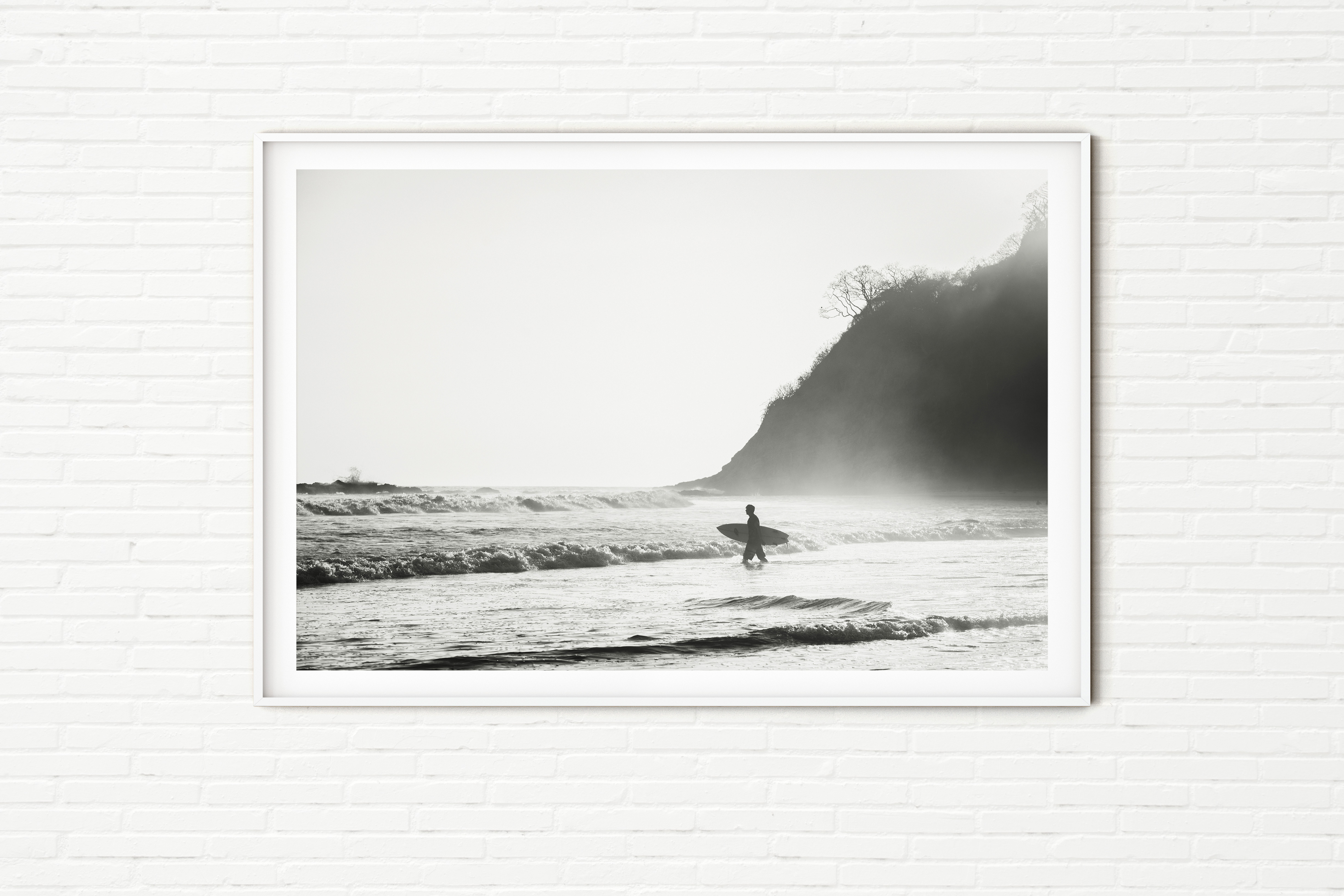 Minimalist Surfer Surfing on Tropical Beach Black and White