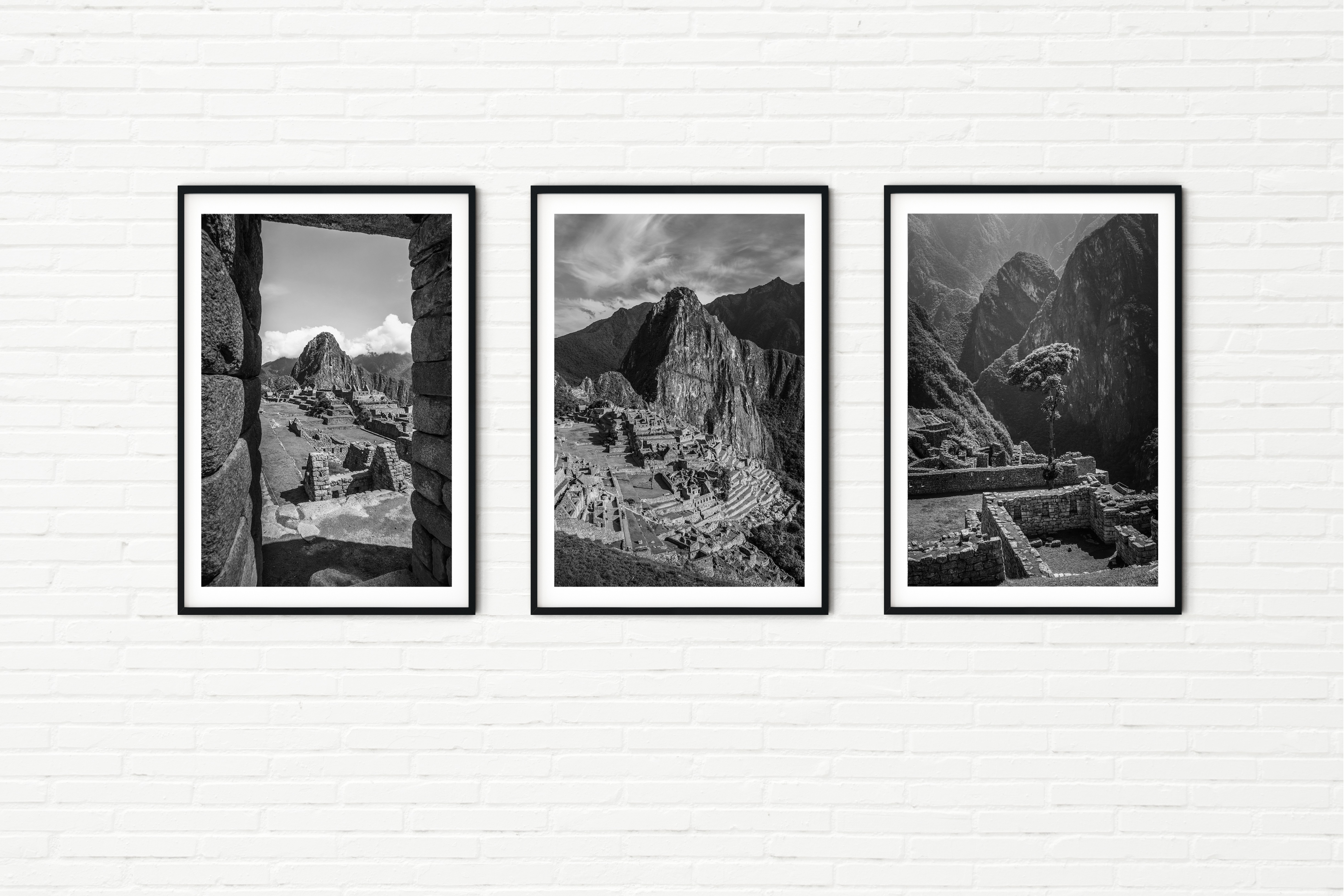 Machu Picchu Inca Ruins - Set of Three Black and White Photos
